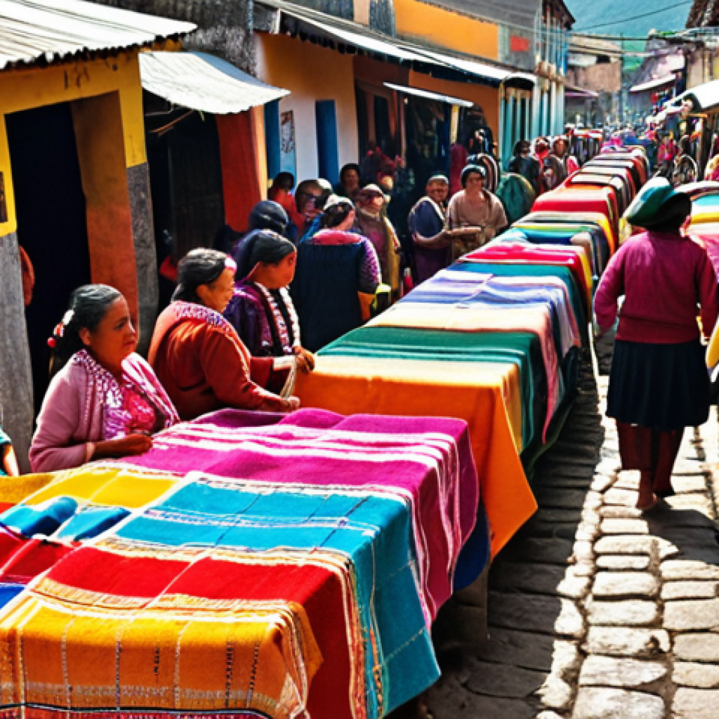**

A vibrant and bustling scene inside the Chichicastenango market. Focus on the colorful textiles – hand-woven tablecloths, scarves, and blouses with intricate Mayan patterns. Capture the energy of the market with vendors and shoppers interacting. Include details like the use of natural dyes and the textures of the fabrics. Aim for a lively and detailed composition that showcases the rich colors and craftsmanship.

**