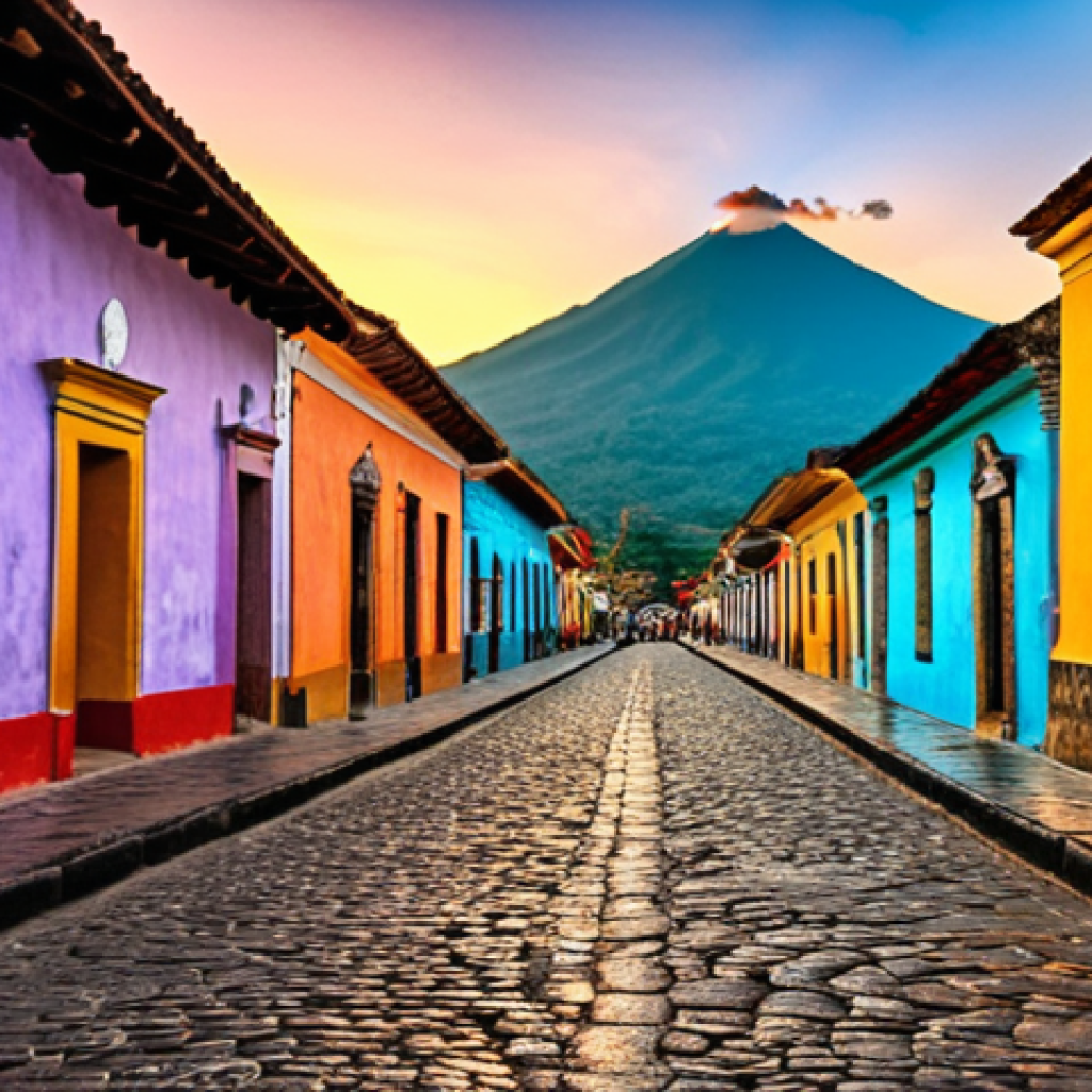 **Antigua Guatemala:** "Colorful colonial architecture, cobblestone streets, Agua volcano backdrop, sunset, Antigua Guatemala, UNESCO World Heritage Site."
