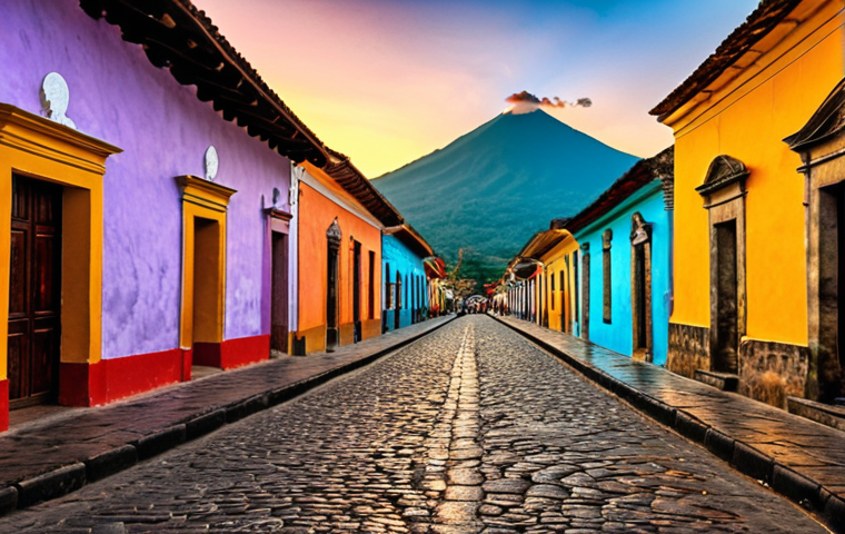 **Antigua Guatemala:** "Colorful colonial architecture, cobblestone streets, Agua volcano backdrop, sunset, Antigua Guatemala, UNESCO World Heritage Site."